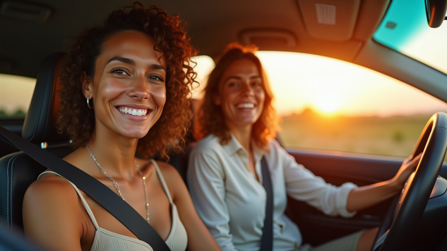 Casal brasileiro sorrindo em viagem de carro pelo Mercosul, simbolizando proteção e tranquilidade com Seguro Carta Verde.