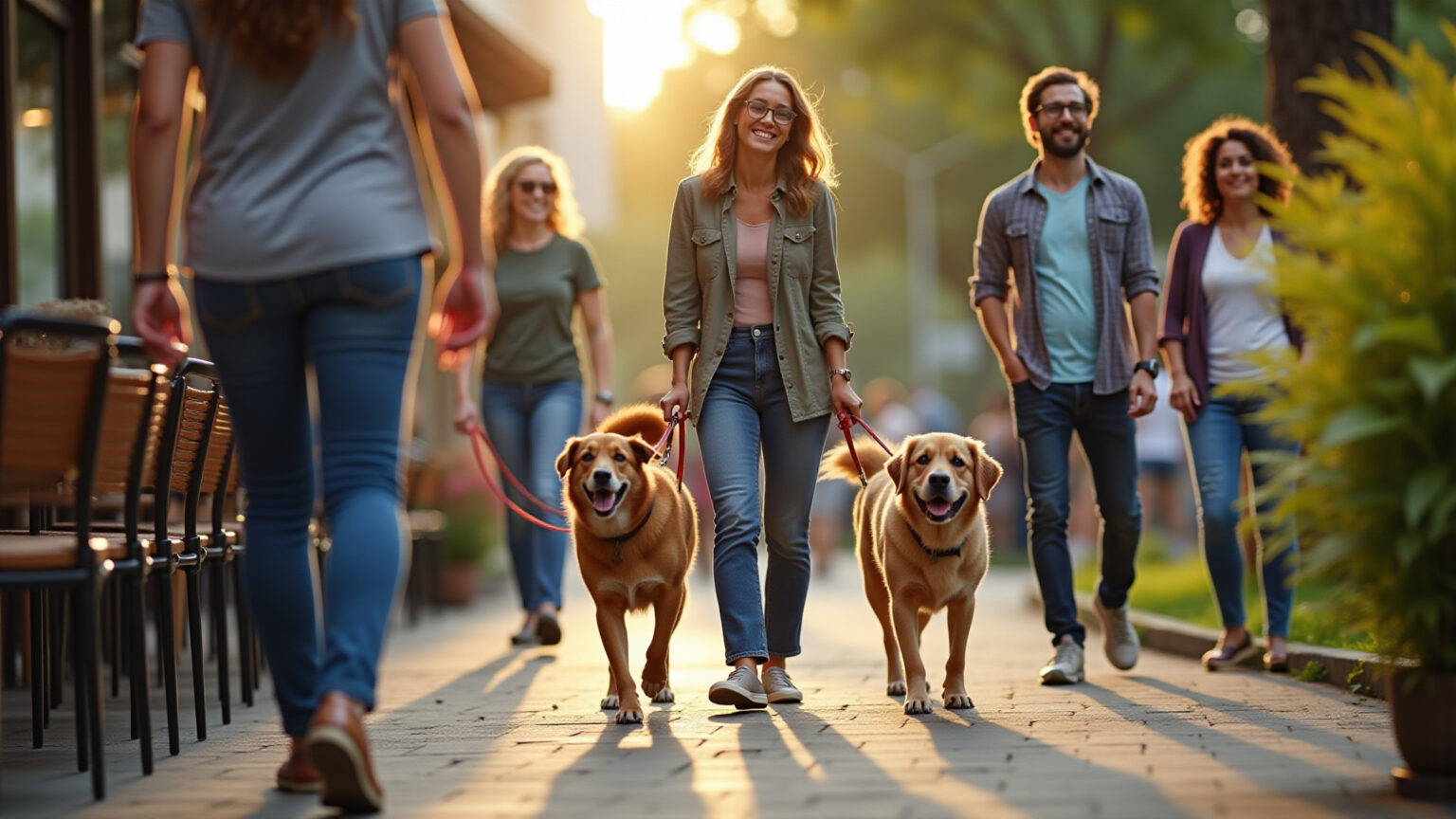 Tutores brasileiros sorrindo com cães em café/parque, mostrando etiqueta canina com guia curta e acessórios.