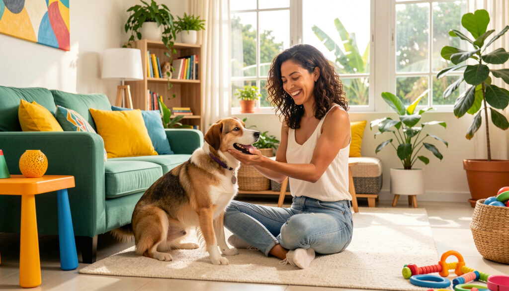 Mulher brasileira sorrindo brinca com seu cachorro em sala aconchegante com decoração acessível.