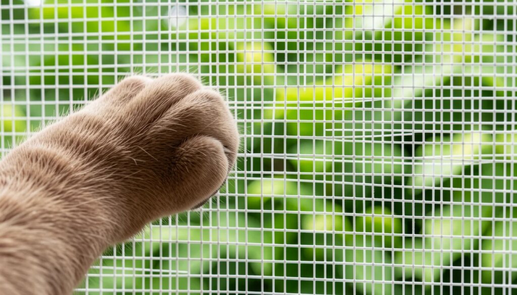 Gato com pata sobre tela de proteção com malha 3x3 cm em janela