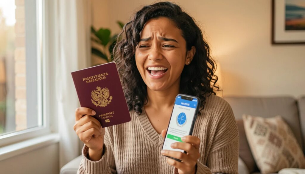 Mulher segurando passaporte italiano e celular com aprovação ESTA, expressão aliviada.