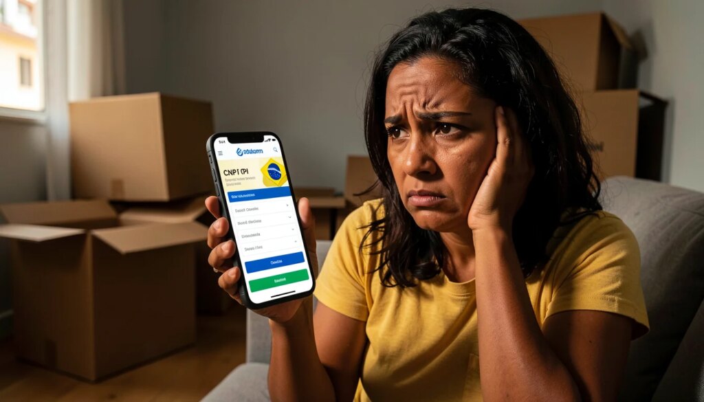 Como verificar se uma loja de móveis é confiável antes de comprar Mulher frustrada consultando CNPJ de loja de móveis no celular em sala vazia.