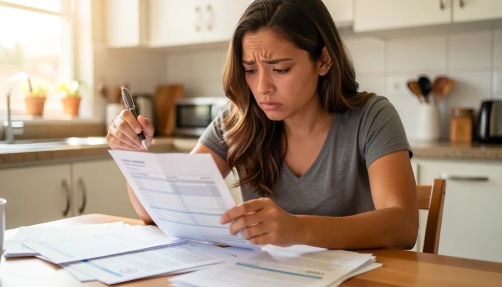 Mulher analisando boleto de plano de saúde com expressão preocupada
