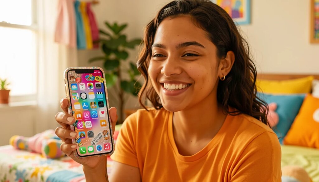 Mulher sorridente segurando celular personalizado com capa decorada e tela colorida em quarto iluminado.