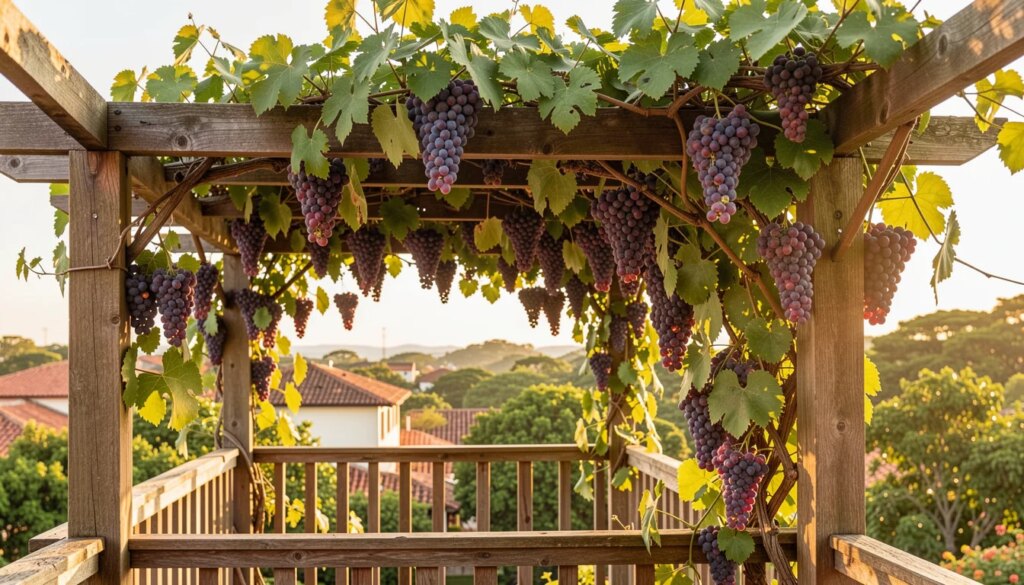Parreira carregada de uvas roxas em pérgula de madeira, varanda ensolarada