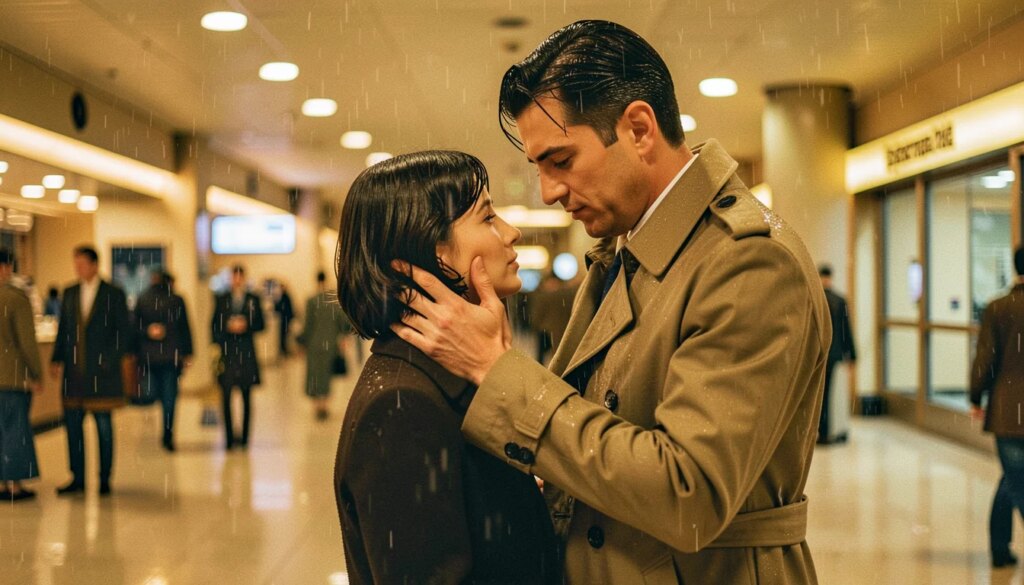 Cena de cinema romântico com casal icônico sob luzes douradas