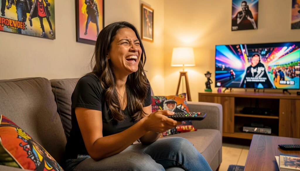 Mulher brasileira rindo assistindo TV na sala, expressão de humor ácido