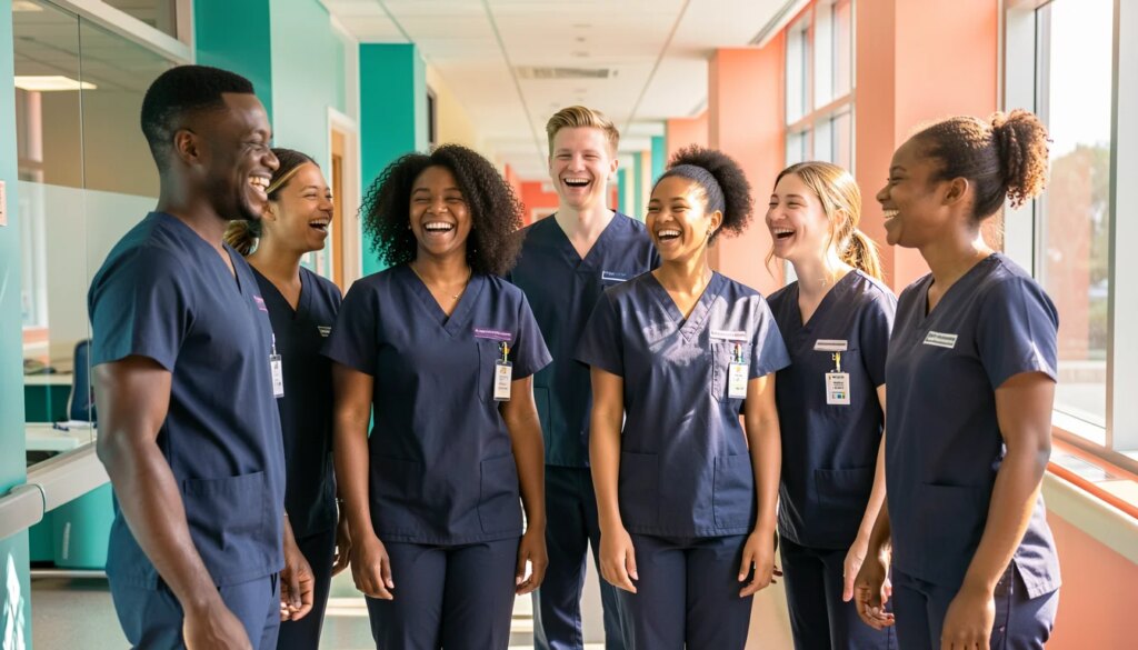 Scrubs 2ª Temporada: Estreia, Elenco e Cronograma Completo no Disney+ Jovens médicos de scrubs em corredor de hospital iluminado, sorrindo e confraternizando.
