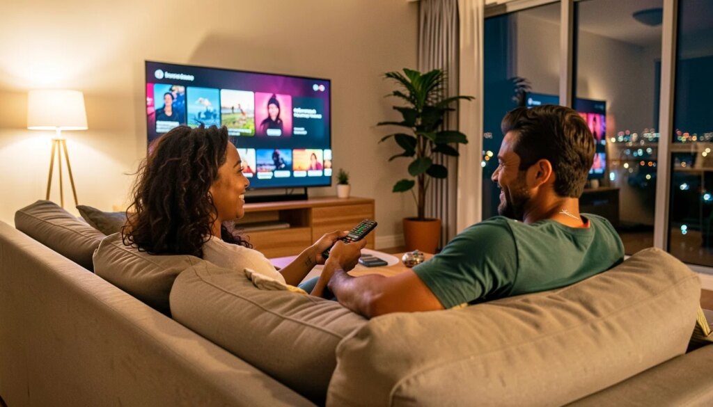 O Que Assistir no Fim de Semana: Guia das Séries em Alta em 2026 por Gênero, Streaming e Tempo de Maratona Casal escolhendo séries para maratonar no fim de semana na sala de casa