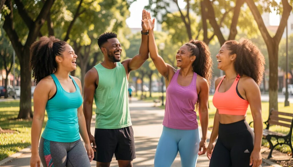 Como Montar um Grupo de Treino com Amigos: Passo a Passo para Não Desistir no Segundo Mês Grupo de amigos treinando juntos ao ar livre em parque, celebrando com high-five